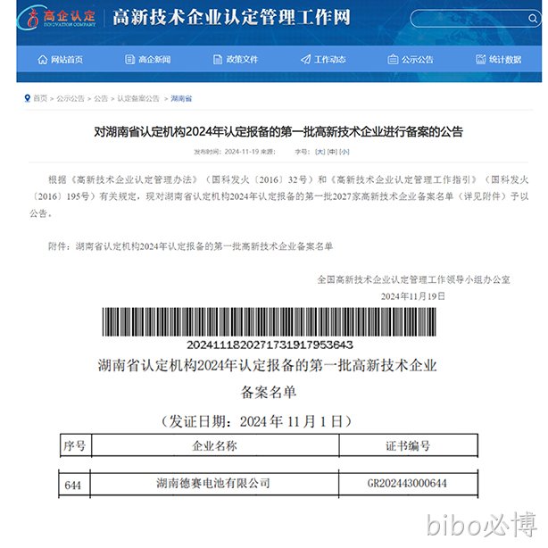 湖南bibo必博电池获评“国家高新技术企业”